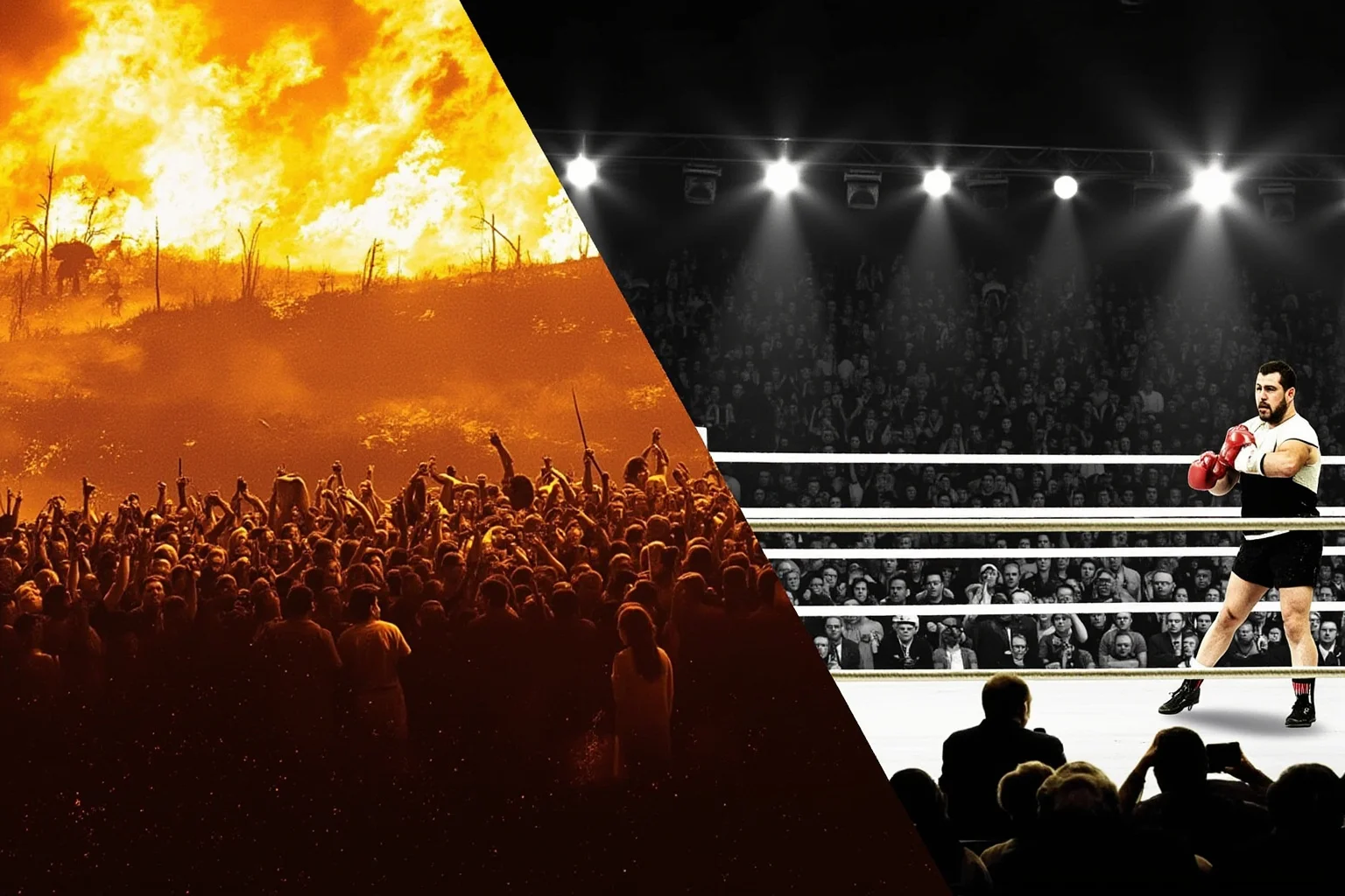 The Real Braveheart: The Story of How Robert the Bruce Freed Scotland 21 A split image contrasting a medieval battlefield with a modern wildfire and a boxing ring, representing different true story films