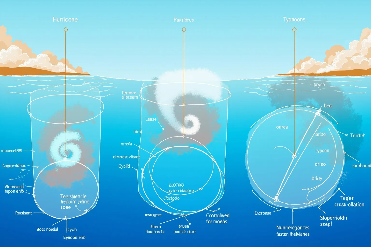 A split-image illustration comparing a hurricane, typhoon, and cyclone swirl over labeled ocean regions