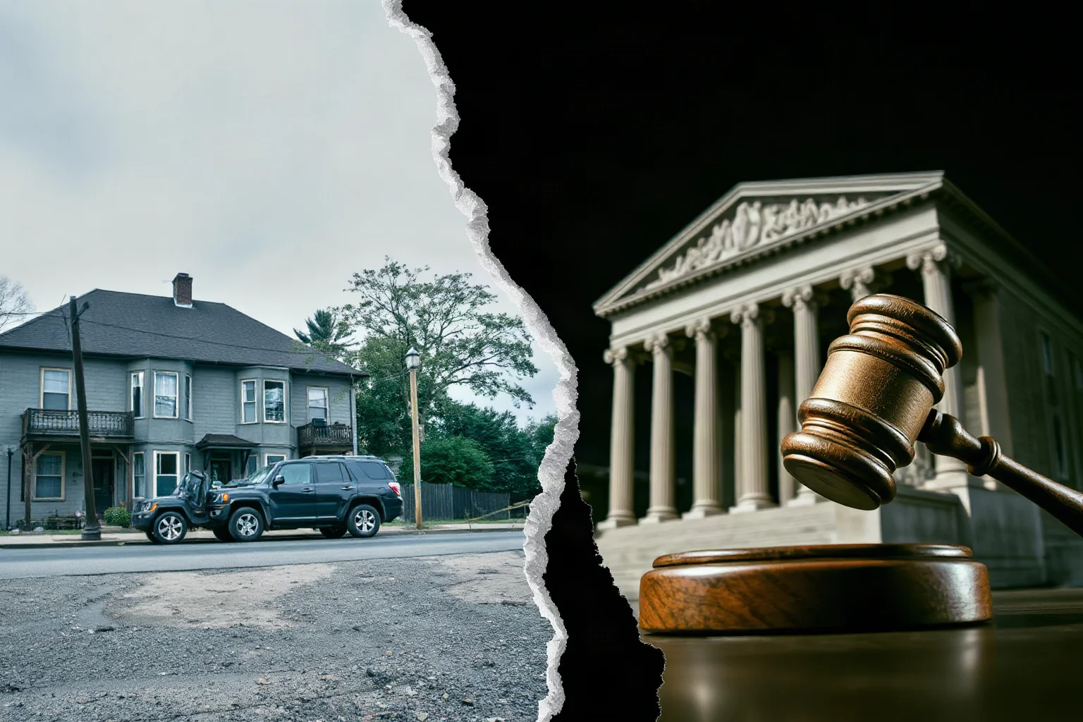 A split image showing a run-down neighborhood on one side and a court gavel on the other, symbolizing conflicting legacy