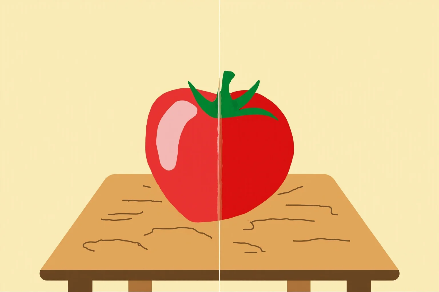 The Strange History Of The Poison Apple 20 A split-image style illustration comparing a red apple and a red tomato side by side on a wooden table