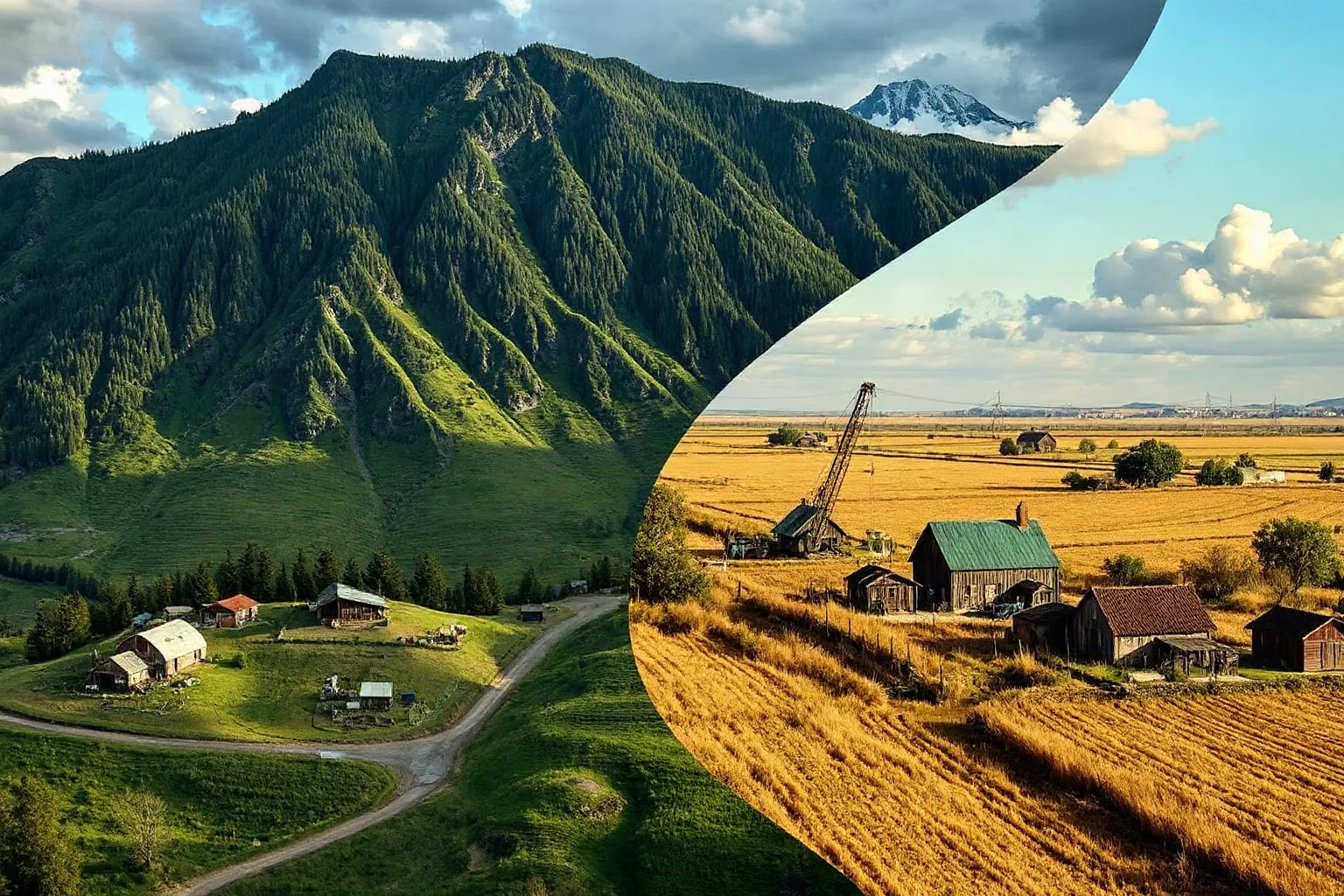 A split-scene composition showing a mountain mining camp beside a plains farming settlement