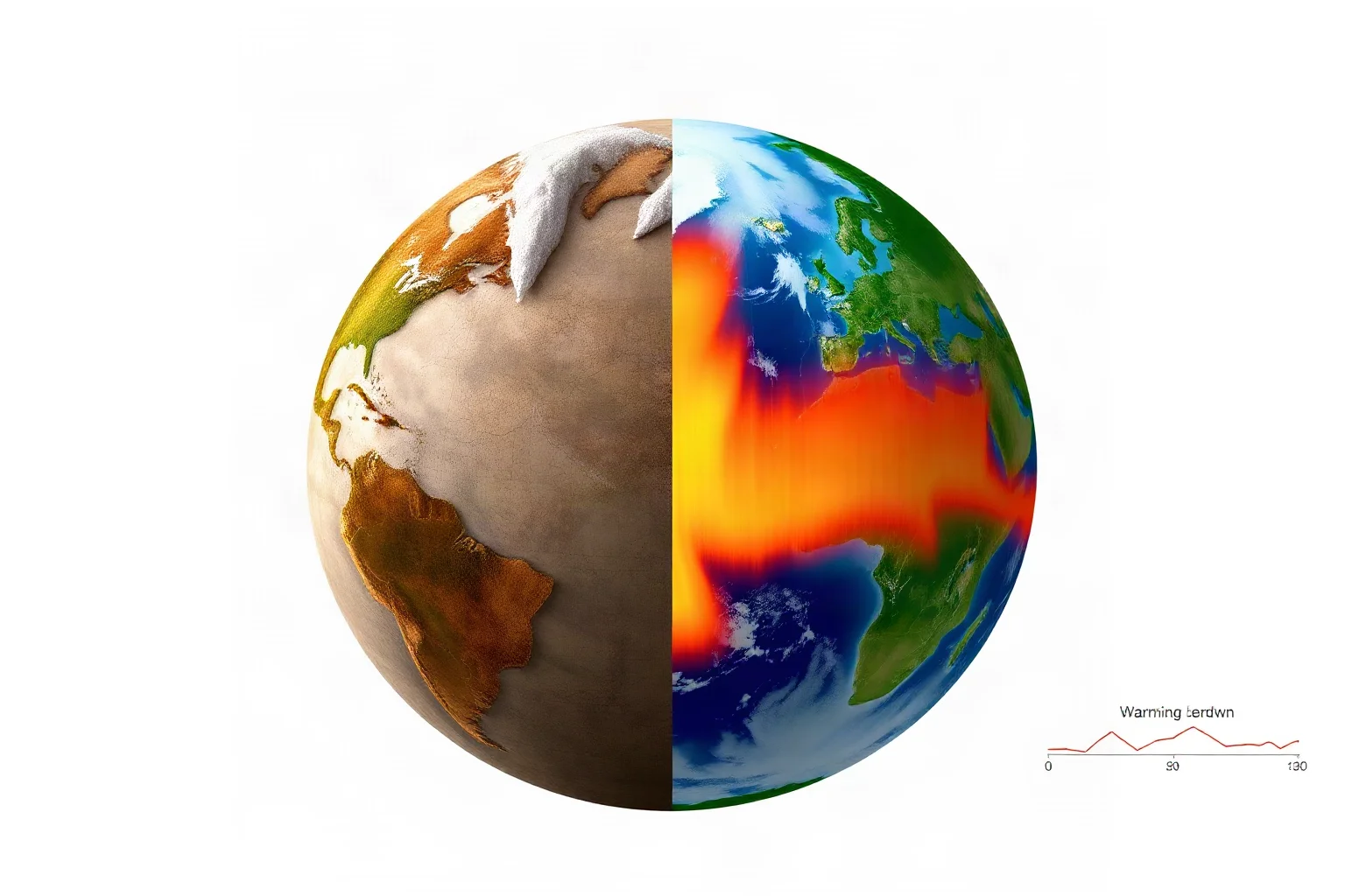 A split-screen illustration showing an ancient icy Earth on one side and a modern warming Earth graph on the other