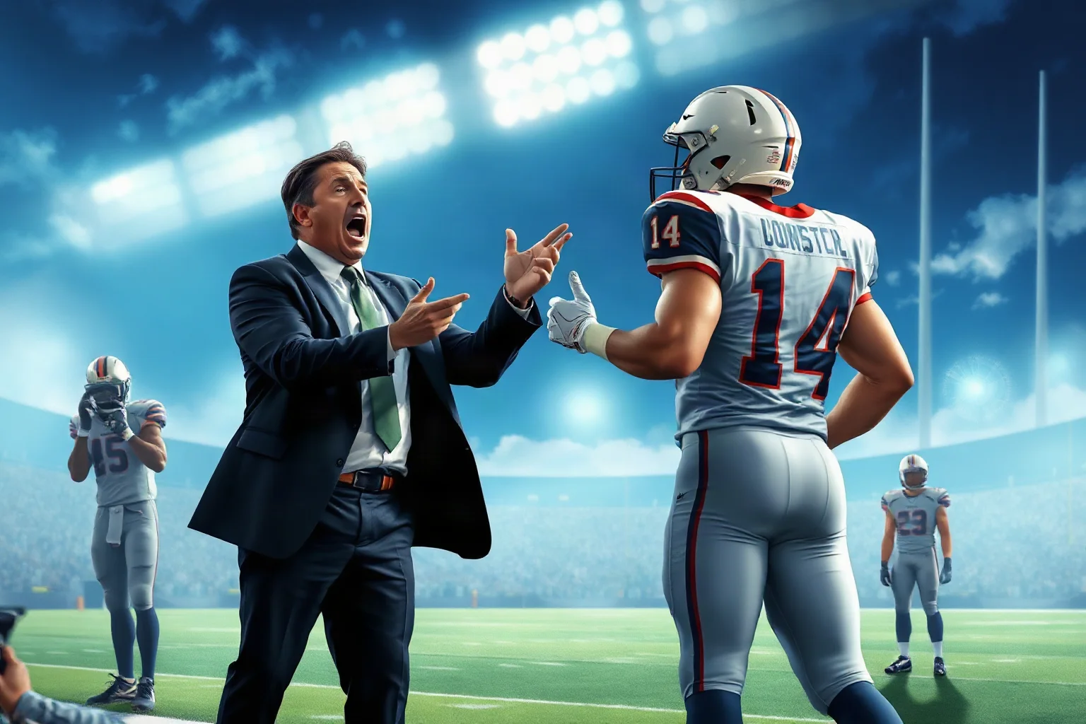 A sports agent in a suit shouting energetically on a football field sideline while another athlete in uniform gestures back at him, dynamic movie-poster illustration style