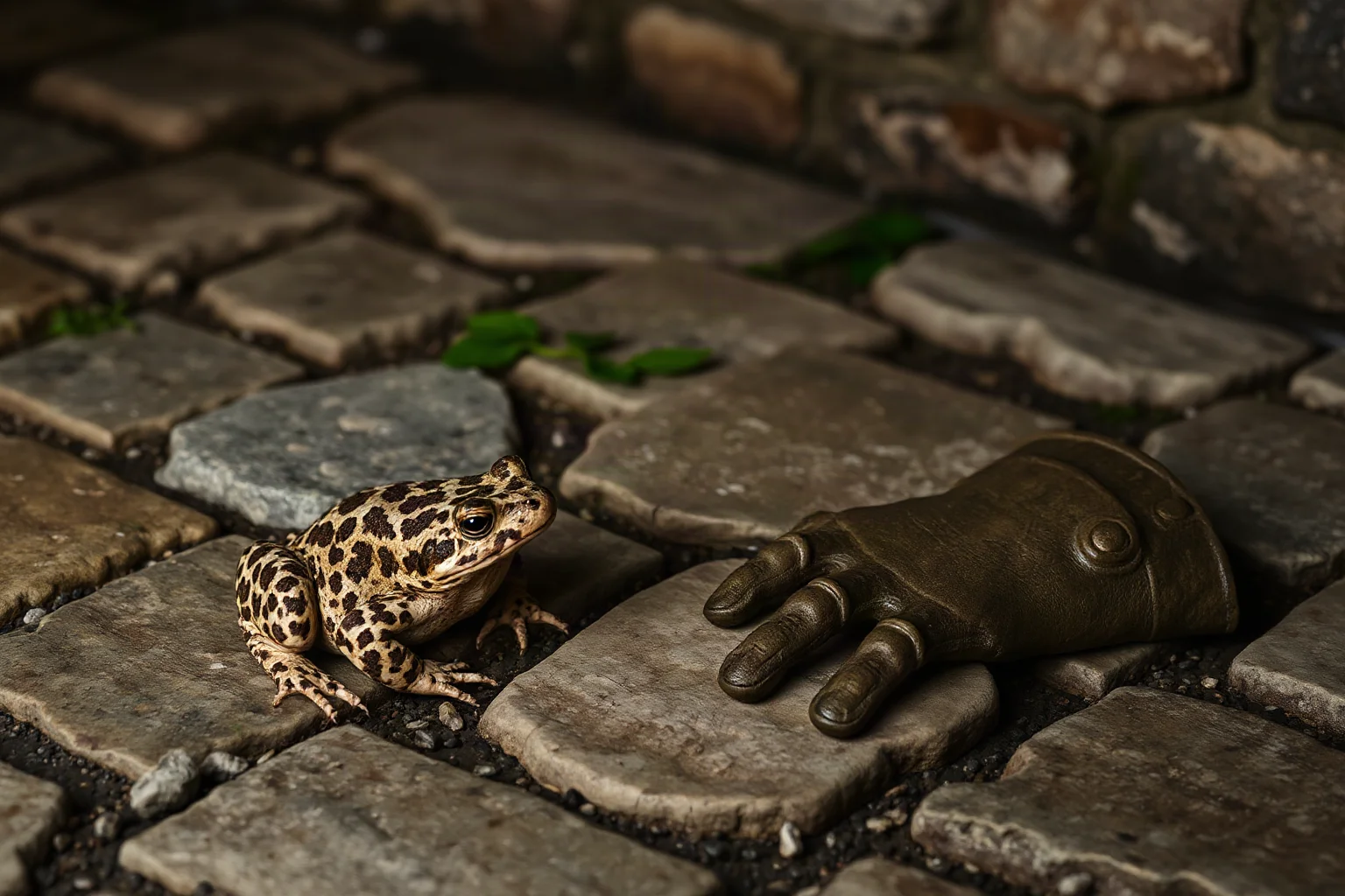 A spotted toad sitting on an old stone castle floor beside a dropped gauntlet glove, symbolizing 'Toad-Spotted'