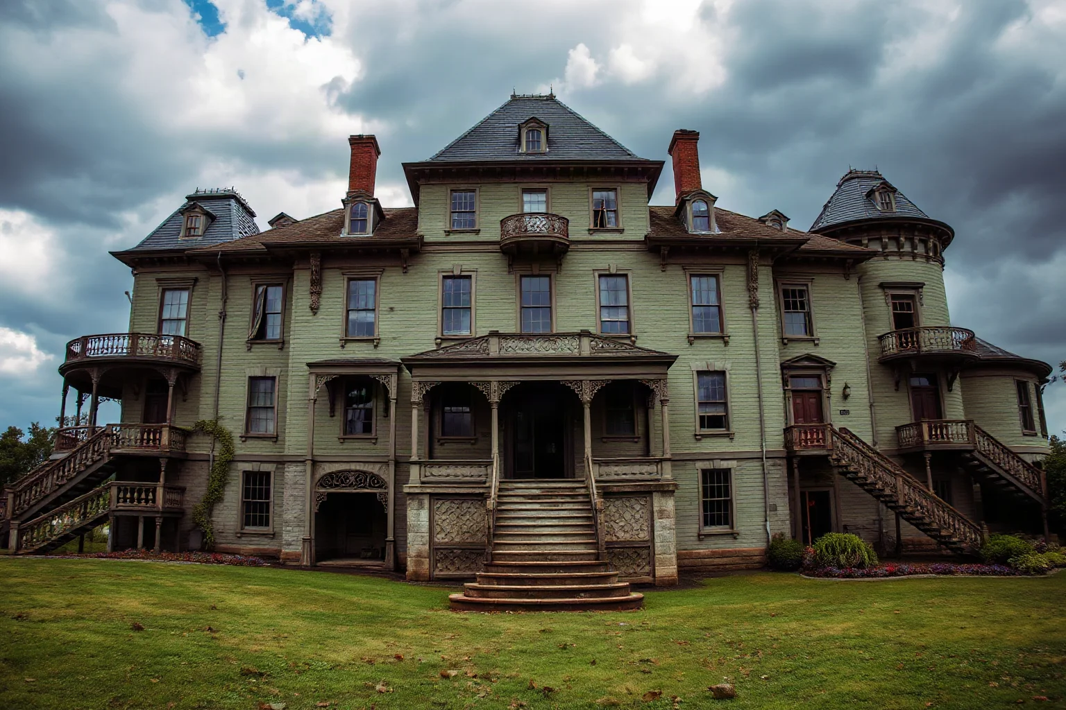 A sprawling Victorian mansion with mismatched staircases and doors leading nowhere, under a moody sky