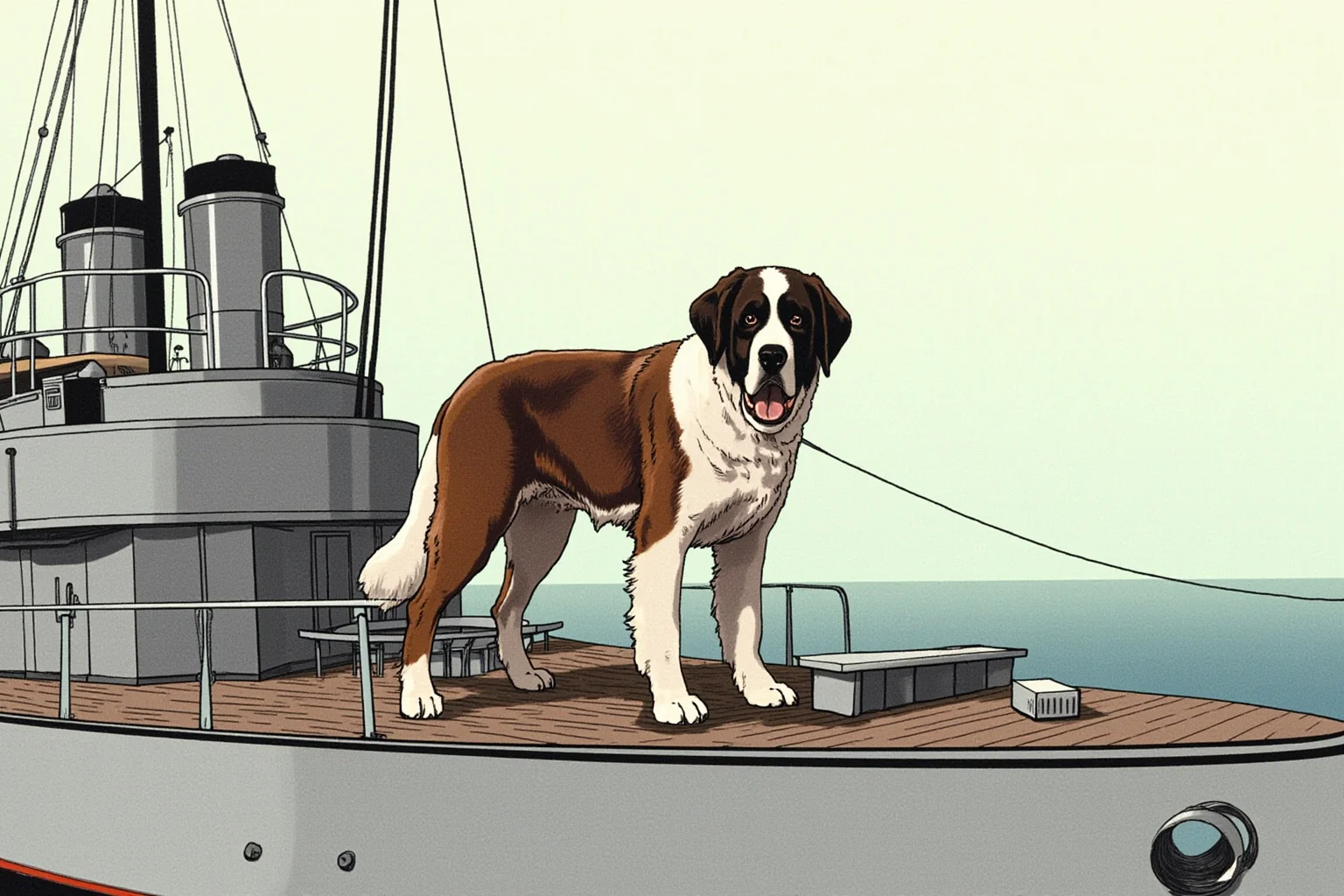 22 Animal Heroes Who Changed Human History 6 A St. Bernard dog standing on the deck of a small grey wartime navy ship, illustrative style
