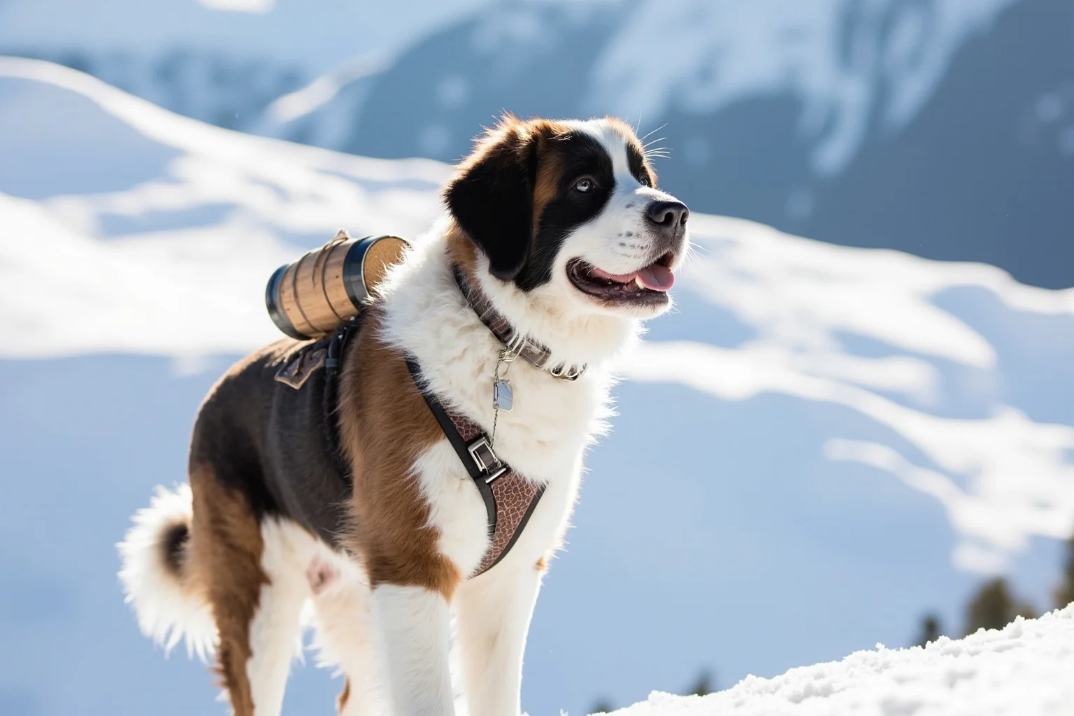 Most Famous Dogs in History: 22 Iconic Canines Who Made Their Mark 5 A St. Bernard dog with a small barrel on its collar standing in snowy alpine mountains