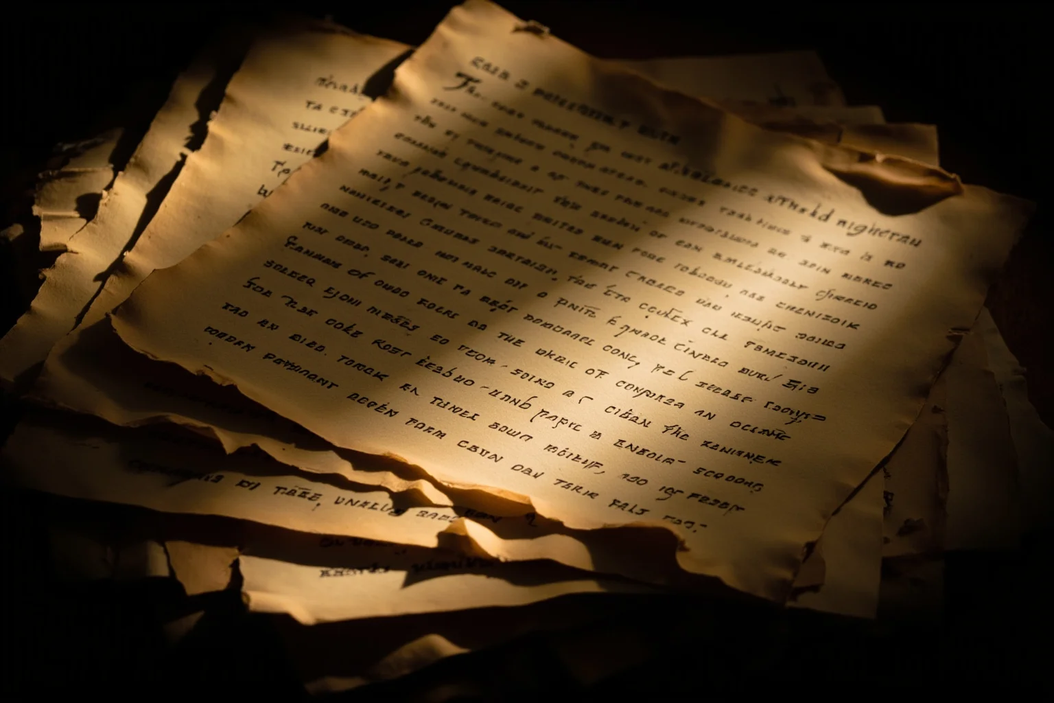 26 Facts About Nostradamus and His Predictions 9 A stack of aged parchment pages covered in cryptic handwritten poetry verses, dramatic lighting