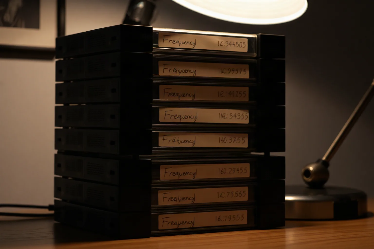 A stack of aging cassette tapes labeled with handwritten frequency numbers, dim desk lamp lighting