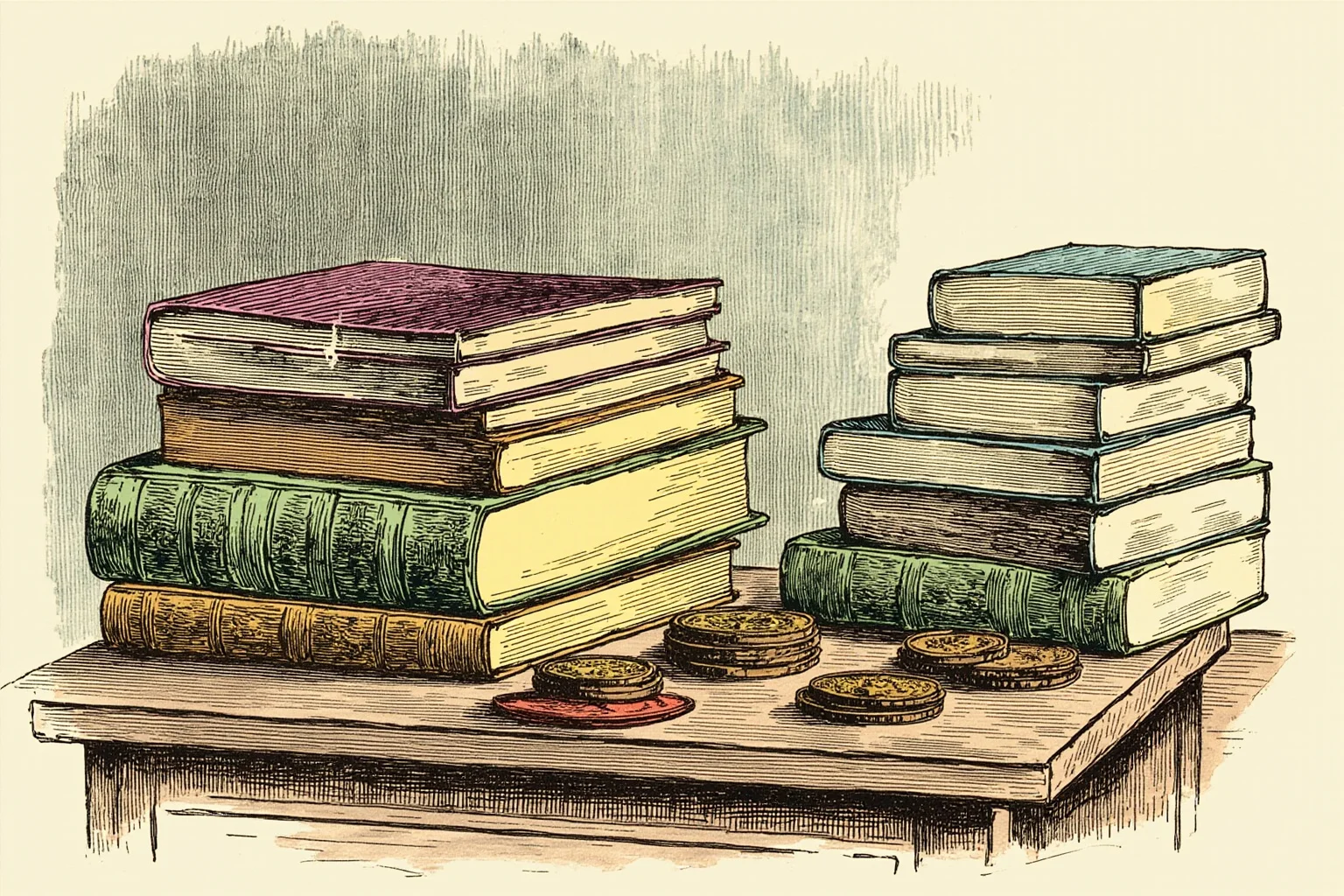 23 Facts About Hetty Green, the Billionaire Who Lived Like a Beggar 6 A stack of antique bonds, coins, and ledger books on a wooden desk, symbolizing an inherited fortune, still-life illustration