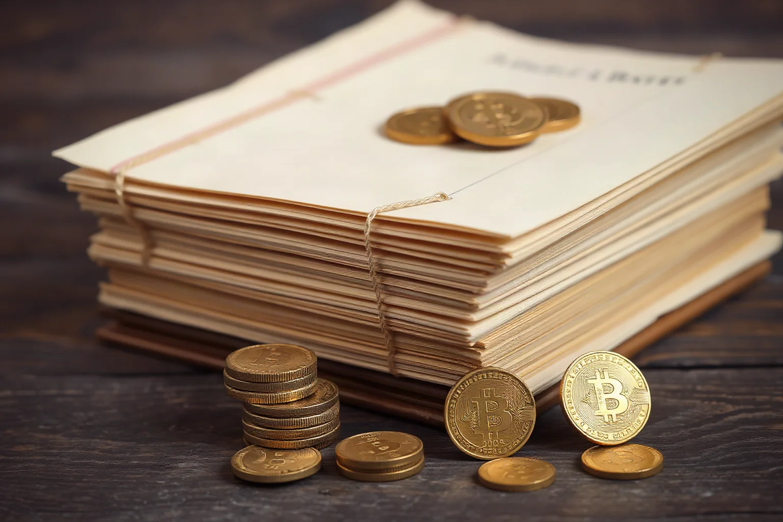 A stack of antique ledger books and gold coins symbolizing historic banking wealth