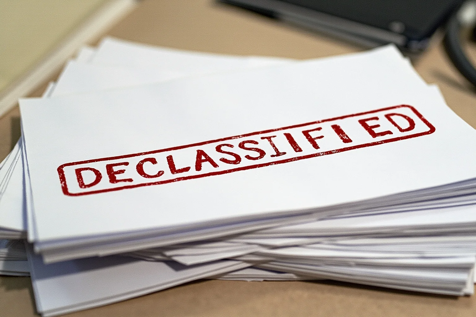 False Flag Operations That Quietly Changed World History 13 A stack of classified government documents stamped 'declassified' on a plain desk, editorial illustration style