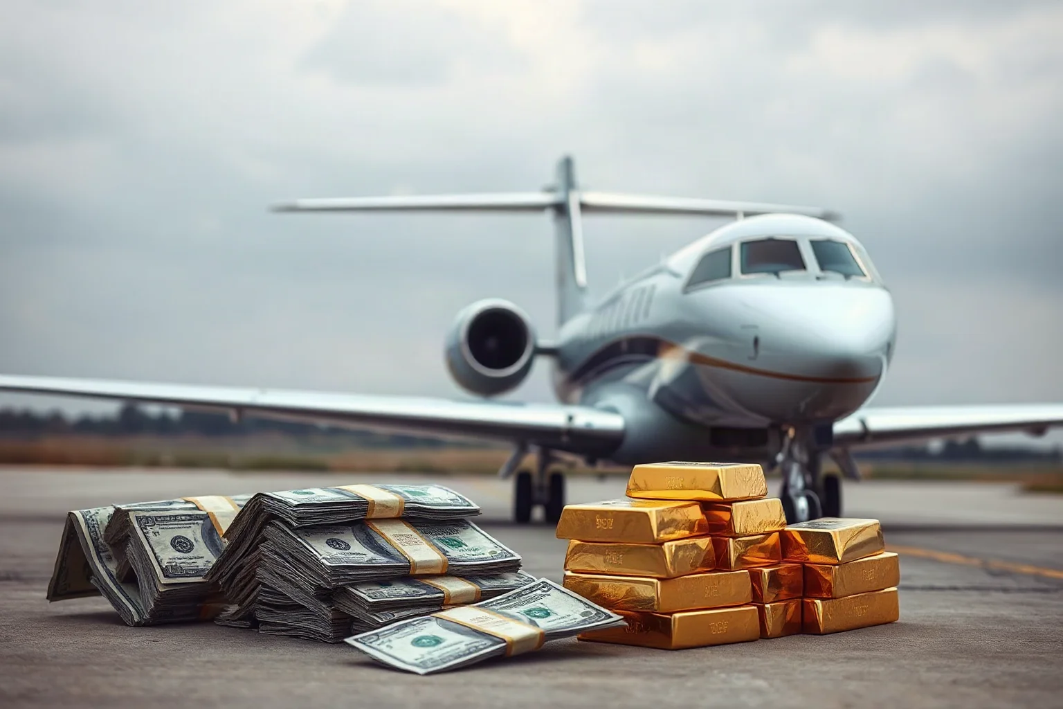 A stack of gold bars and cash beside a private jet on a runway, symbolizing extreme illicit wealth