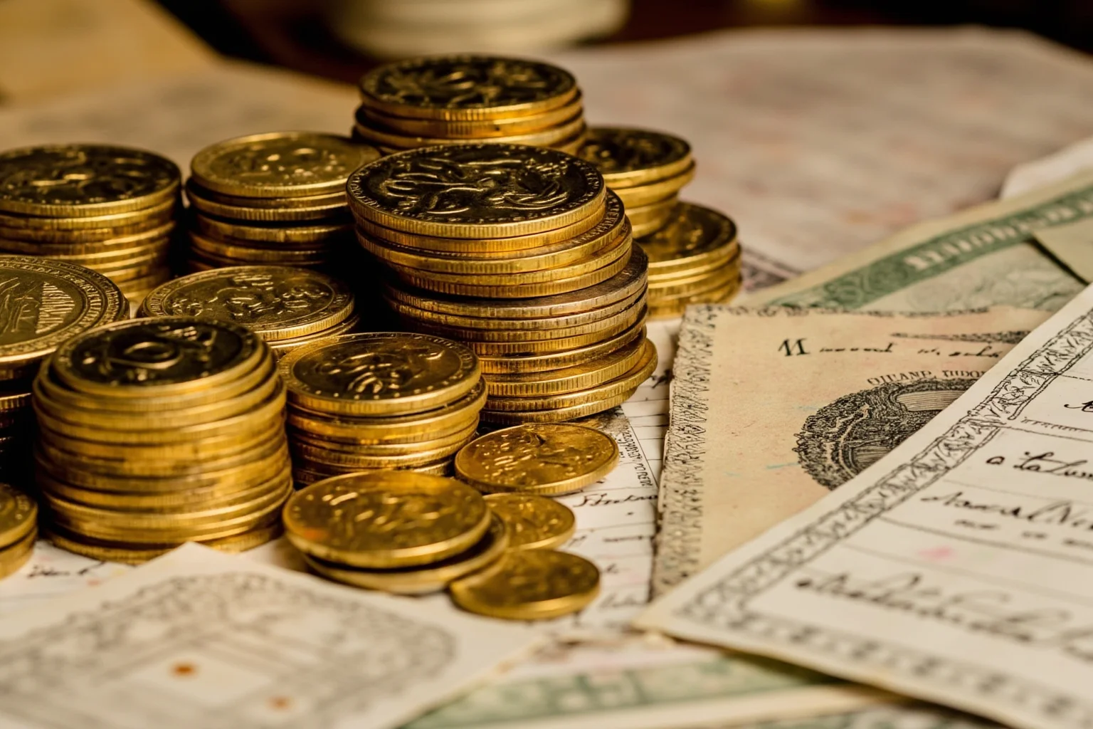 23 Facts About Hetty Green, the Billionaire Who Lived Like a Beggar 18 A stack of gold coins and paper currency piled high next to antique ledgers, symbolizing enormous historical wealth
