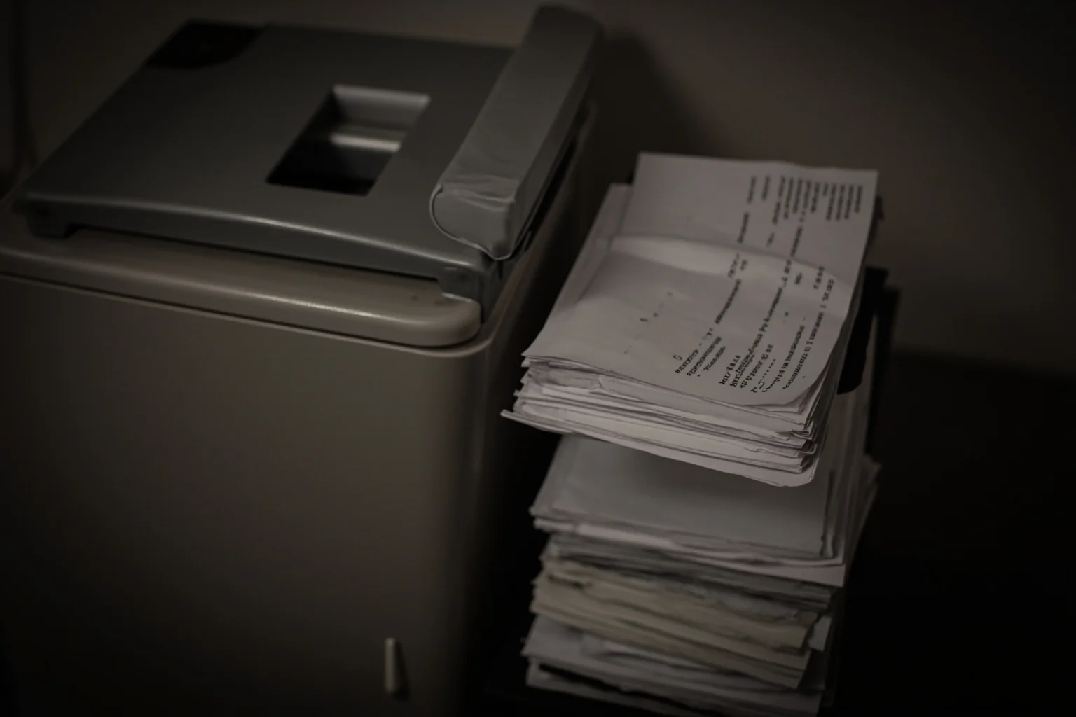 A stack of old accounting ledgers beside a paper shredder in a dim office