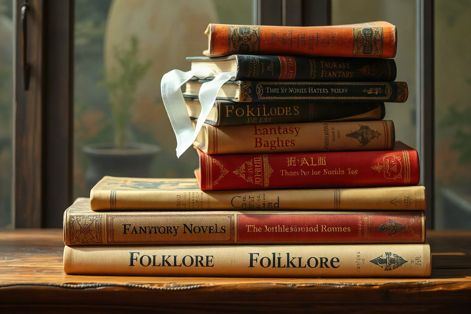A stack of old fantasy novels and folklore books on a wooden table, warm lighting, illustrative still life