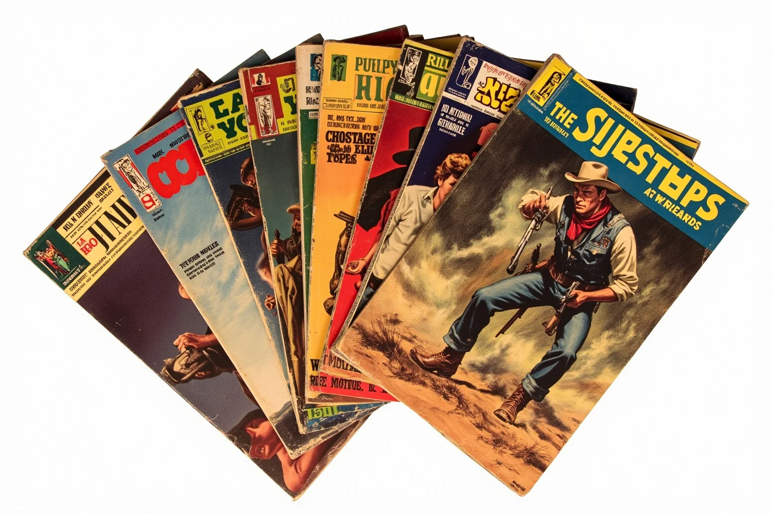 A stack of old-fashioned pulp dime novels with dramatic illustrated covers about outlaws and gunslingers
