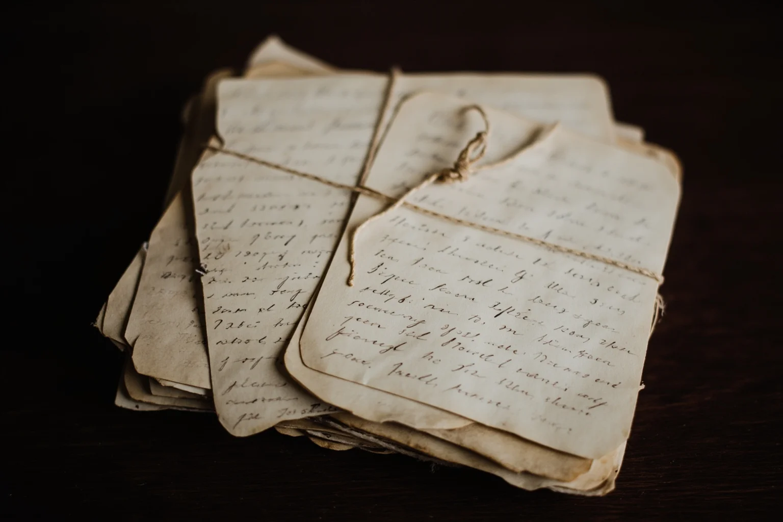 20 Famous Historical Quotes That Were Taken Out of Context 10 A stack of old handwritten letters tied with string on a dark wooden table, symbolizing 19th-century correspondence