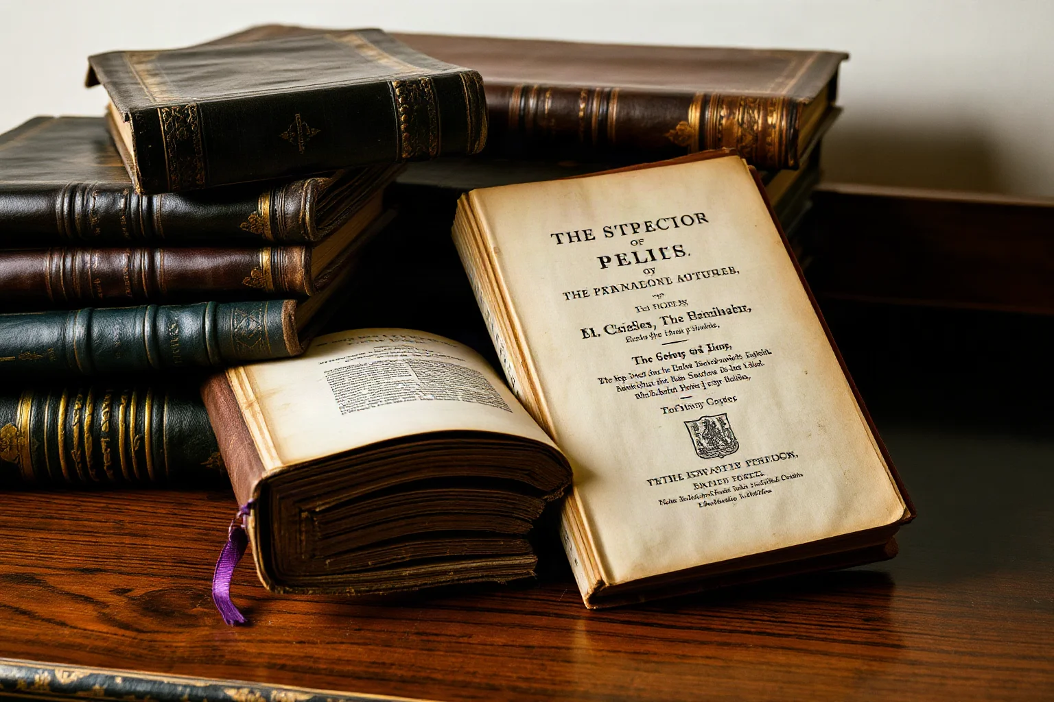A stack of old leather-bound 17th-century printed books on a wooden table, one open to a title page
