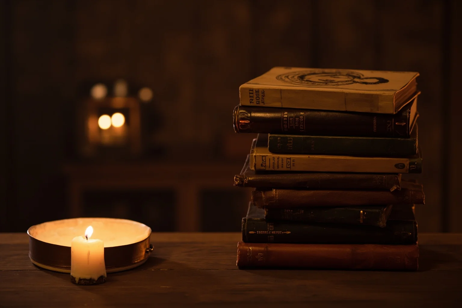 A stack of old leather-bound Shakespeare play books on a wooden library table lit by candlelight