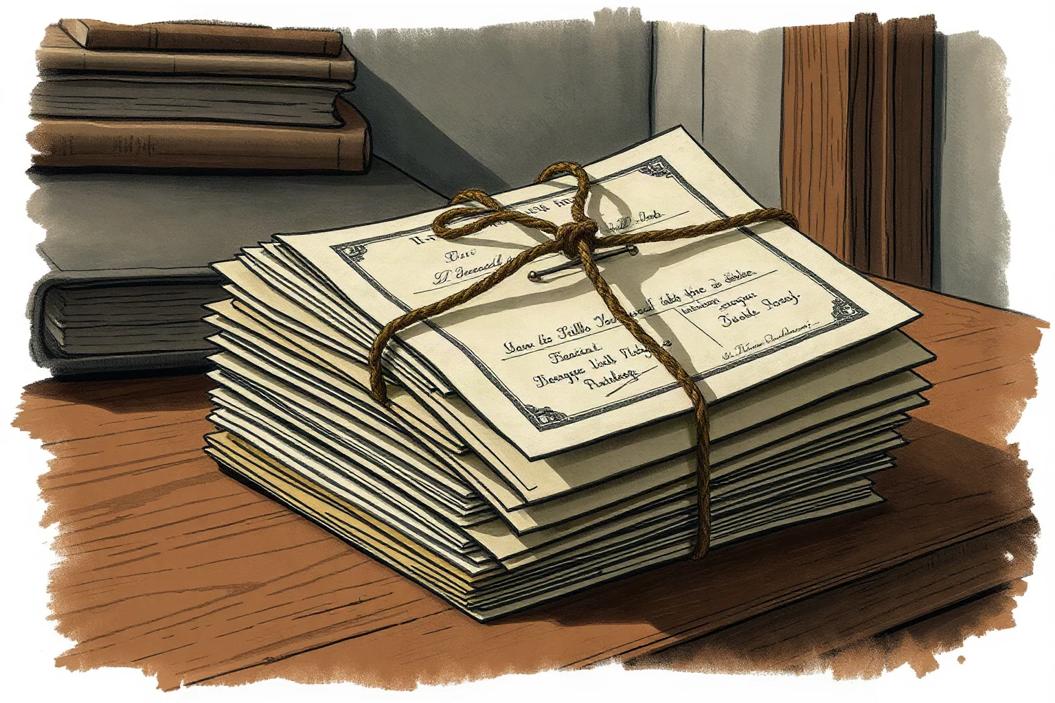 A stack of old unpaid bills and ledgers tied with string on a wooden desk, somber historical illustration
