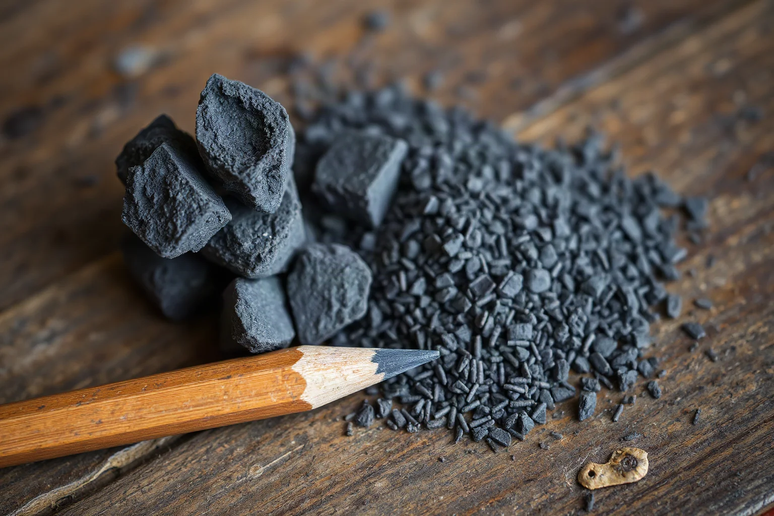 A stack of raw graphite chunks beside an early wooden pencil on a rustic table