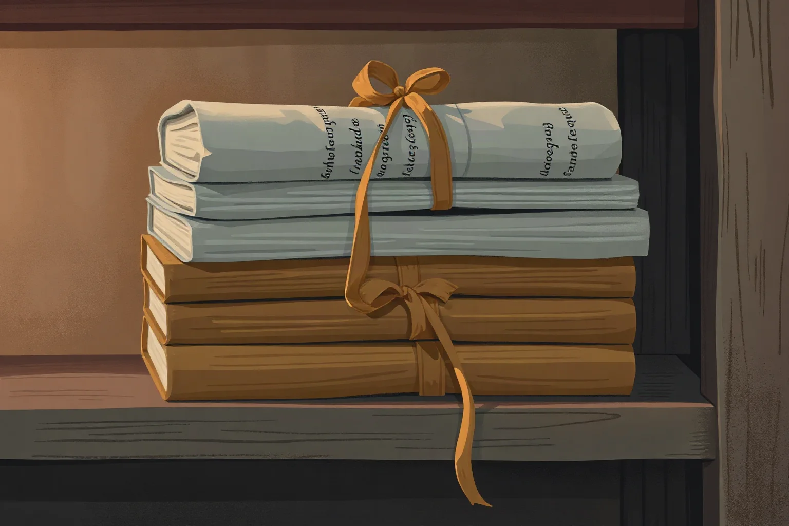 A stack of unopened, ribbon-tied manuscript bundles sitting on a dusty study shelf, illustration style