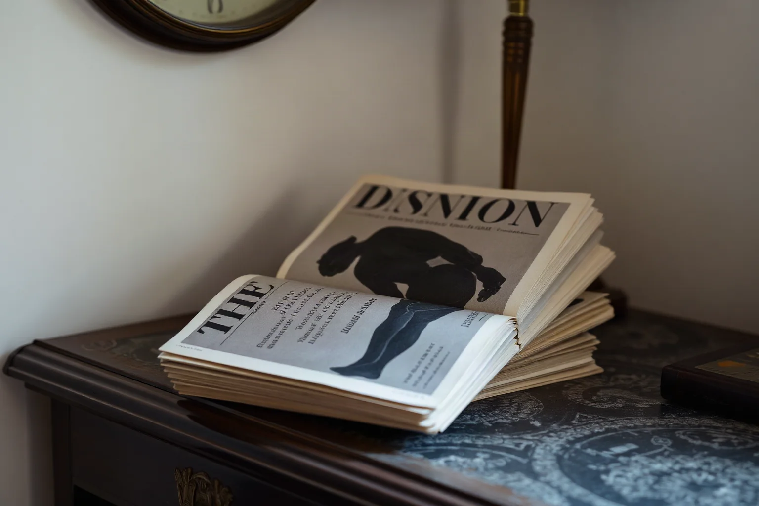 A stack of vintage 1930s magazines on an old wooden desk, one showing an abstract silhouette figure on the cover