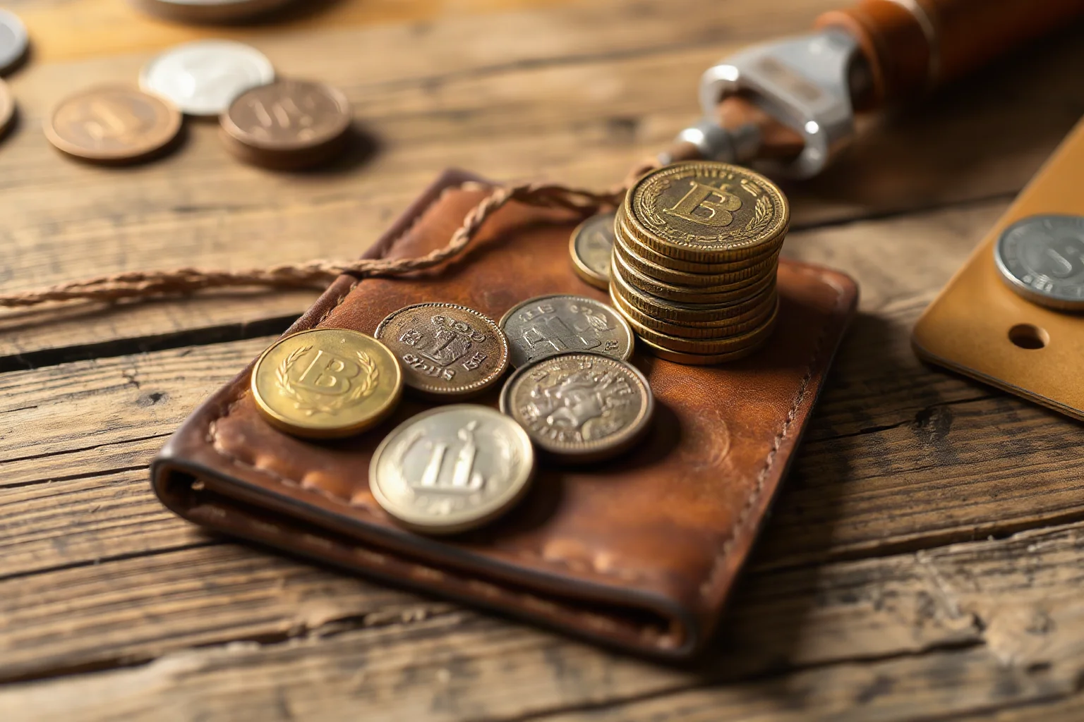 A stack of vintage coins and a worn leather wallet on an old wooden desk, symbolizing modest frontier finances