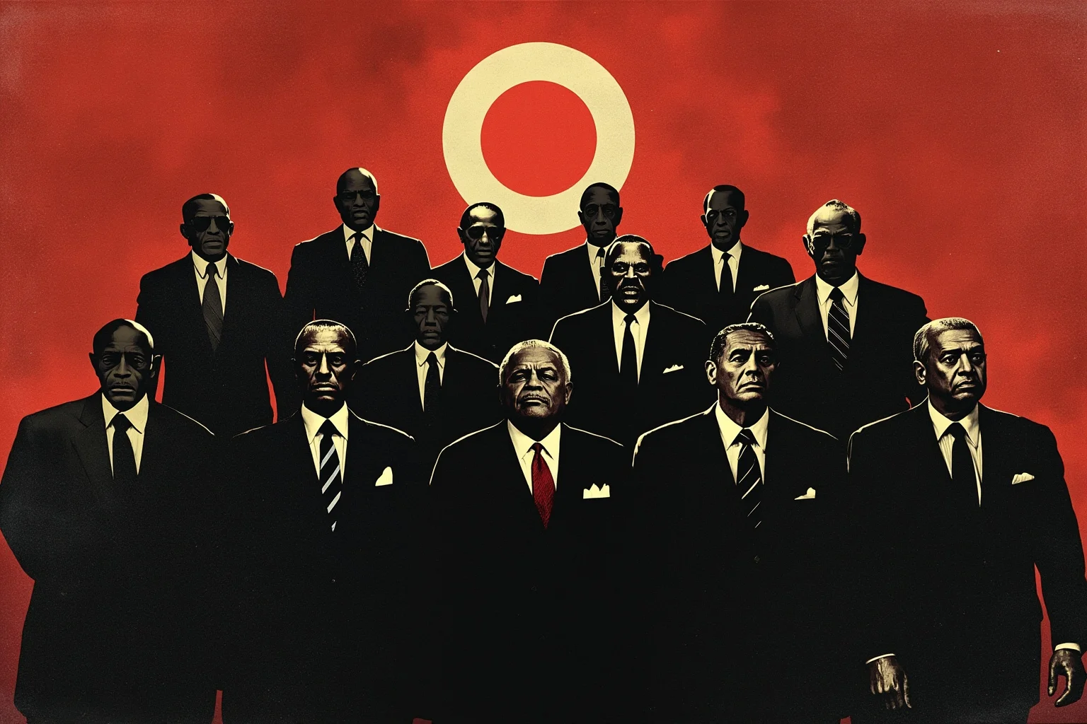 A stack of vintage presidential portraits rendered as faceless silhouettes with the number zero glowing ominously above them, symbolic illustration style