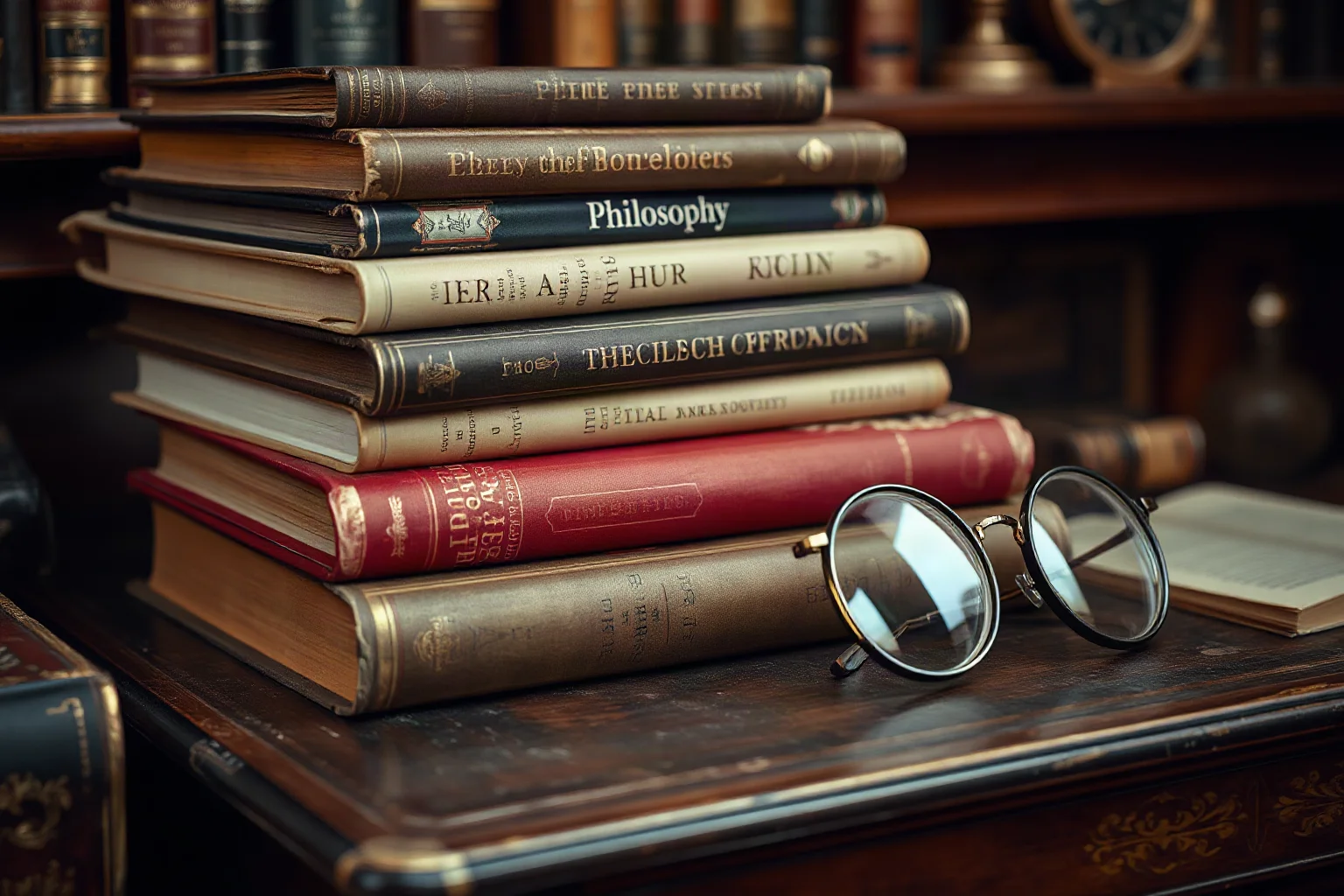 A stack of worn philosophy books and round reading glasses on an antique wooden desk