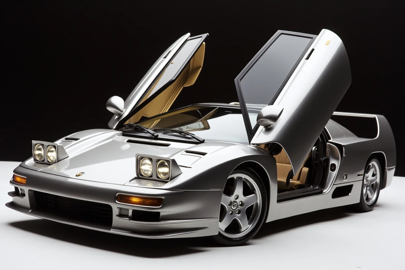 A stainless-steel sports car with dramatic upward-opening gull-wing doors in a futuristic 1980s setting