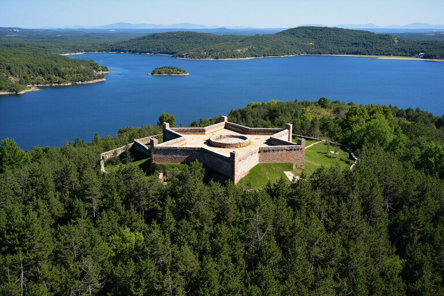 A star-shaped 18th-century fort on a forested hillside overlooking a lake