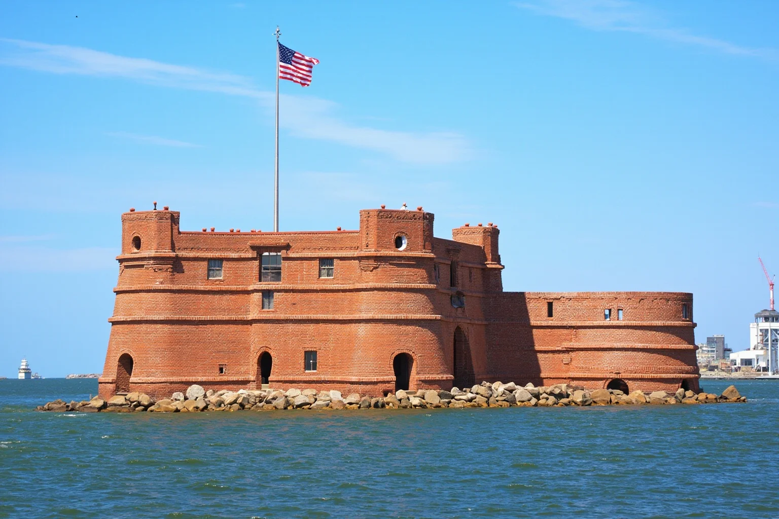 A star-shaped brick fort with an American flag flying above the ramparts near a harbor