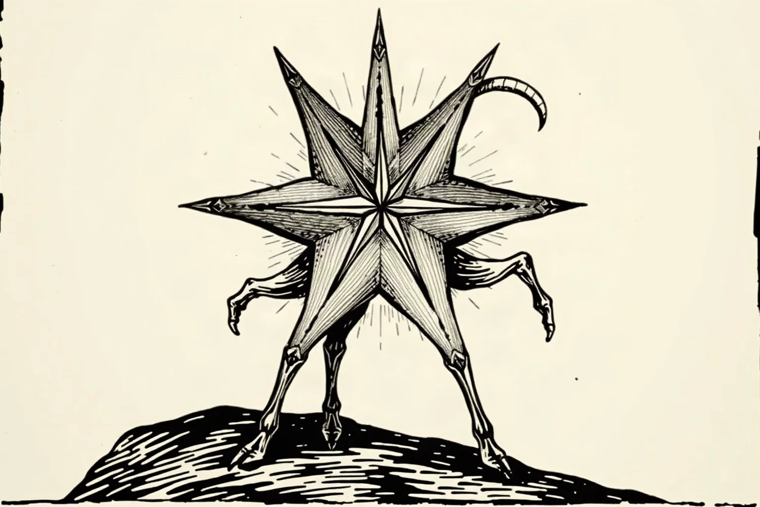 A star-shaped five-legged goat-like entity illustrated in the style of an old European grimoire woodcut