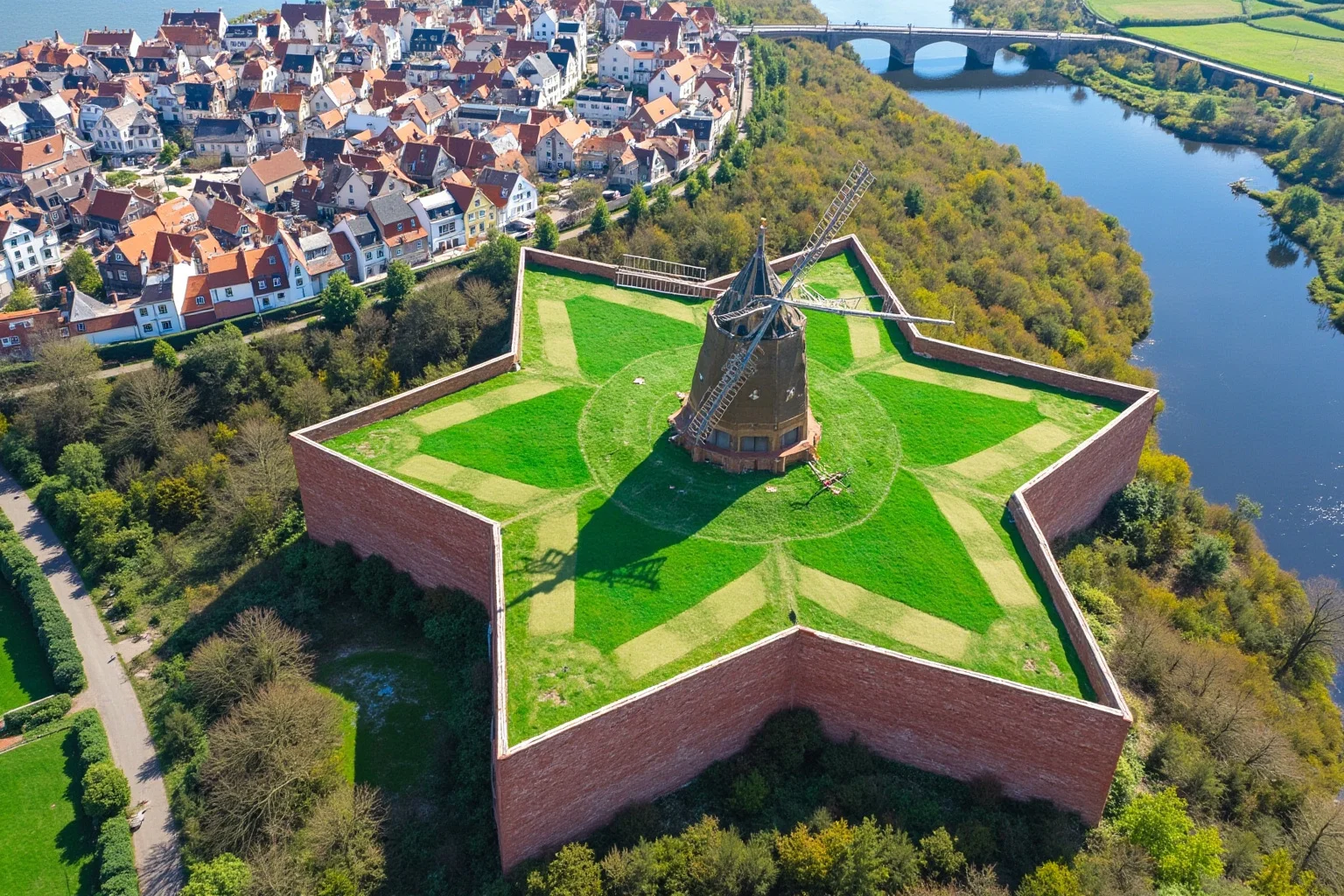 A star-shaped fortress with grassy ramparts and a windmill in a Northern European city
