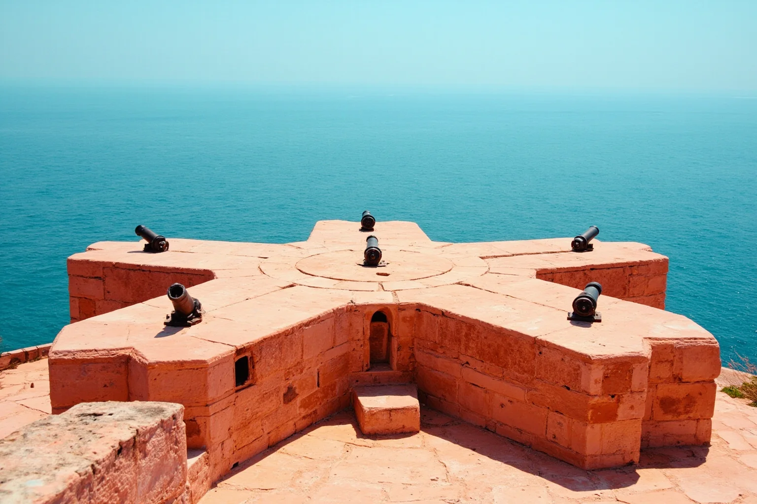 A star-shaped stone fort with cannons facing the ocean, built from pale coral-colored stone