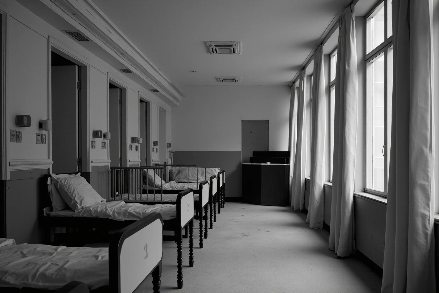 A stark black-and-white style hospital room representing a mid-20th-century mental health ward