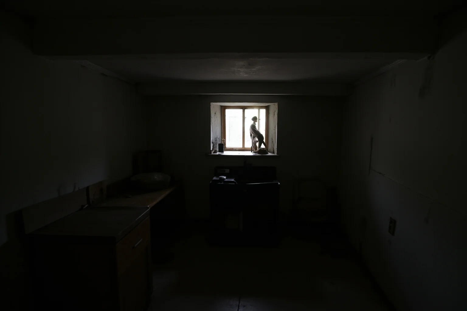 A stark empty small room with a single window and old furniture, muted tones, unsettling isolation