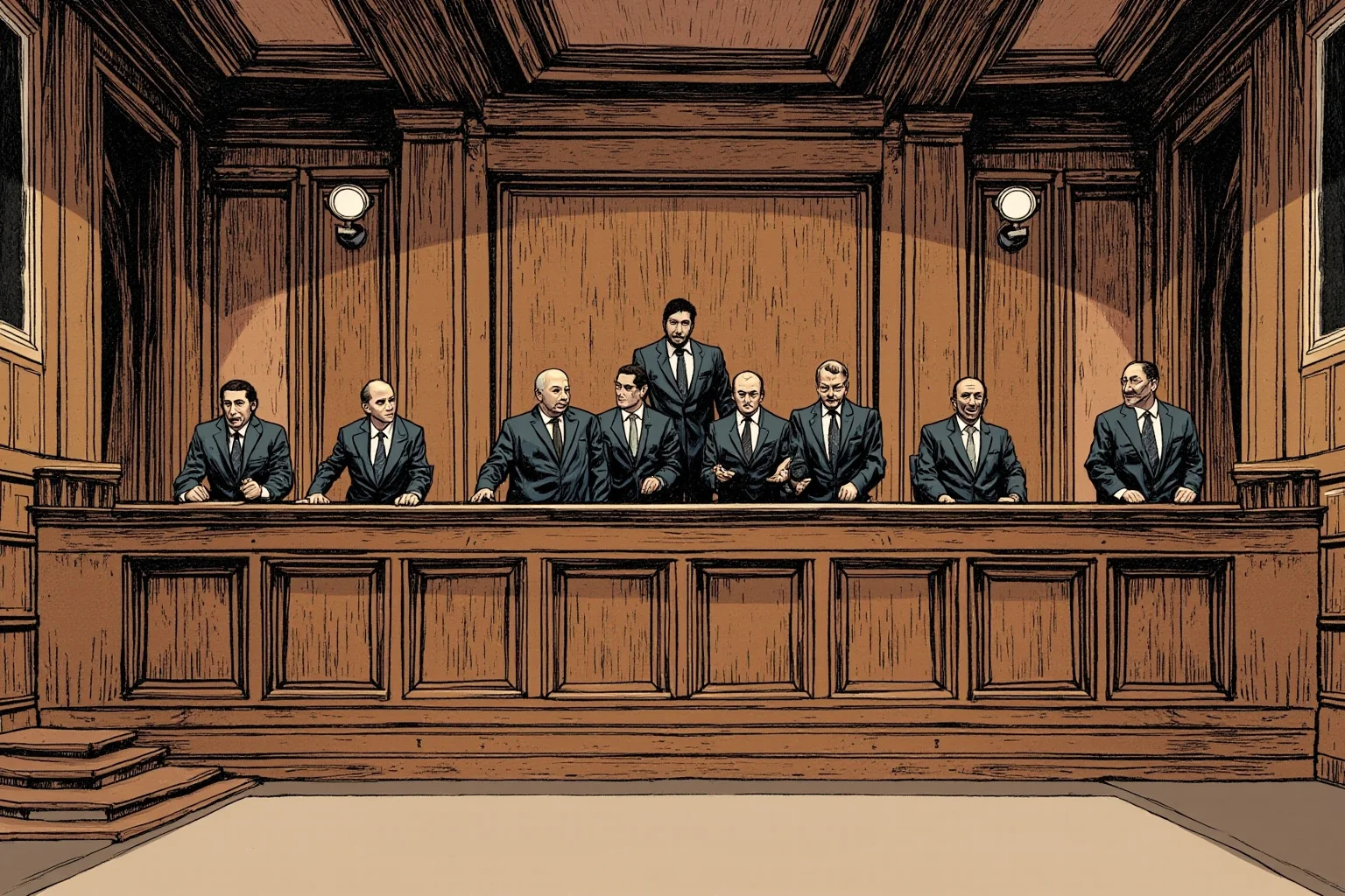 The Mad Baron Who Conquered Mongolia: The Bloody Life of Roman von Ungern-Sternberg 22 A stark wooden courtroom interior with a tribunal panel seated at a long table, illustrative style