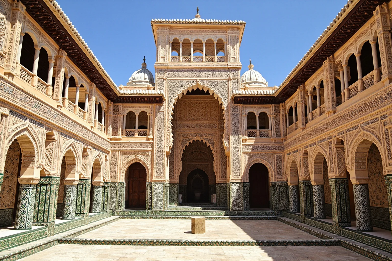 A stately North African royal palace with intricate mosaic architecture representing the Kingdom of Morocco