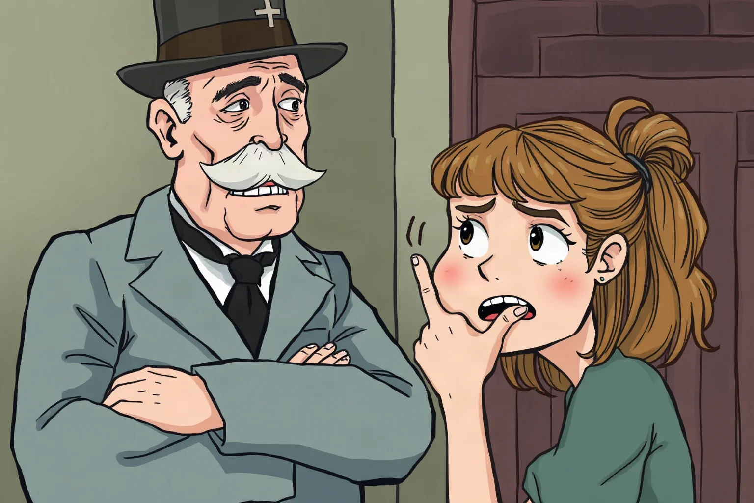 A stately older man in early 1900s attire looking exasperated at a rebellious teenage daughter, illustrative editorial cartoon style