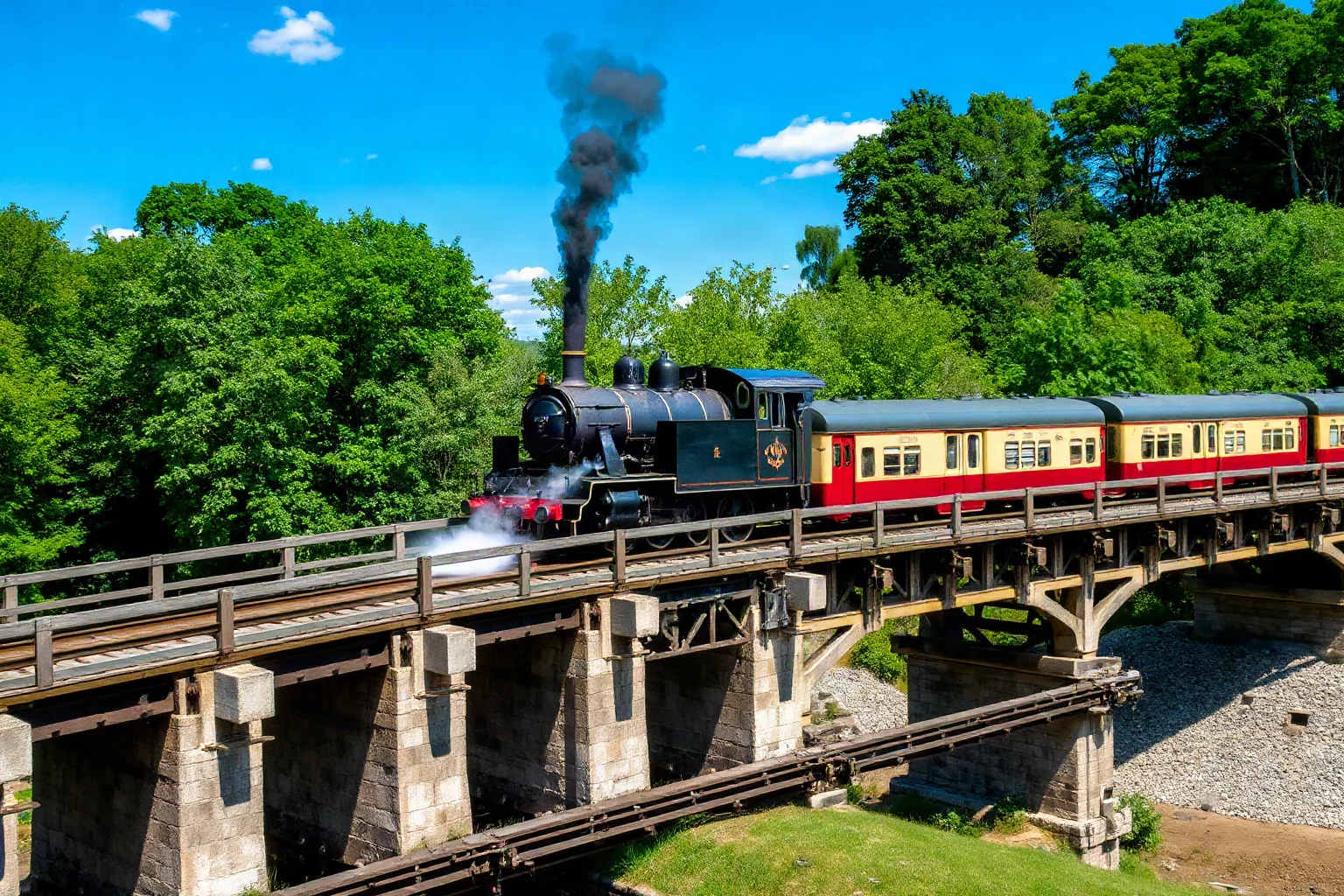 A steam locomotive crossing a bridge with a passenger train, representing transportation advances