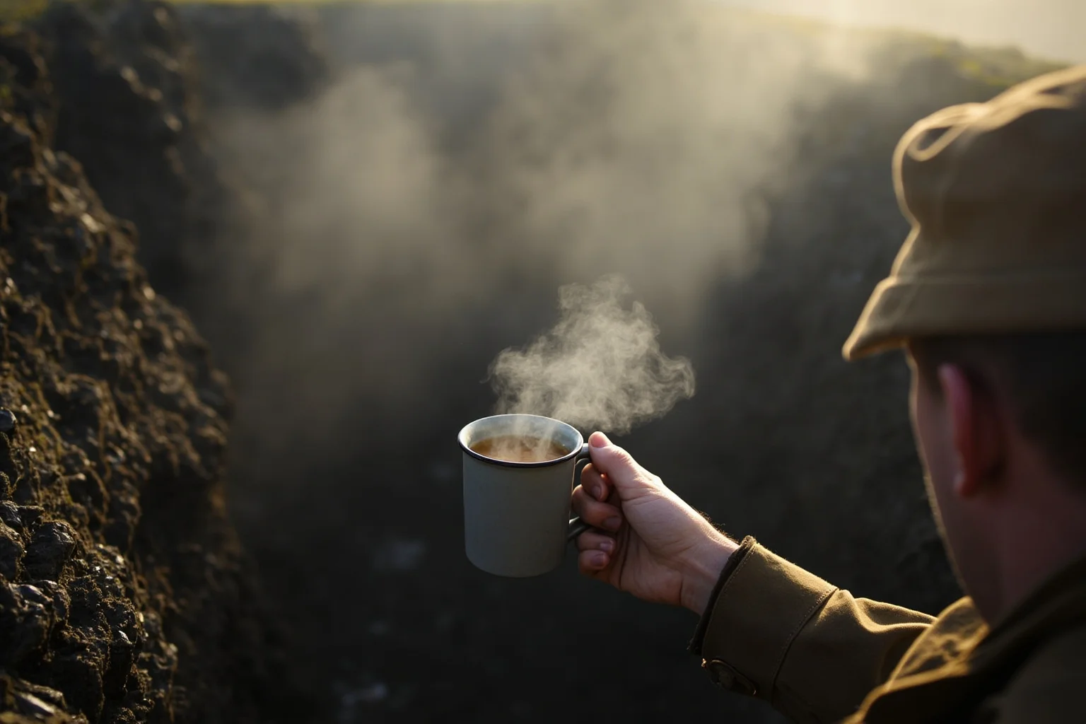 The Evolution of World War 1 Rations: 24 Facts About Food, Trenches, and Rationing 8 A steaming mug of tea being held by a soldier in a trench, with morning mist or rain visible in the background