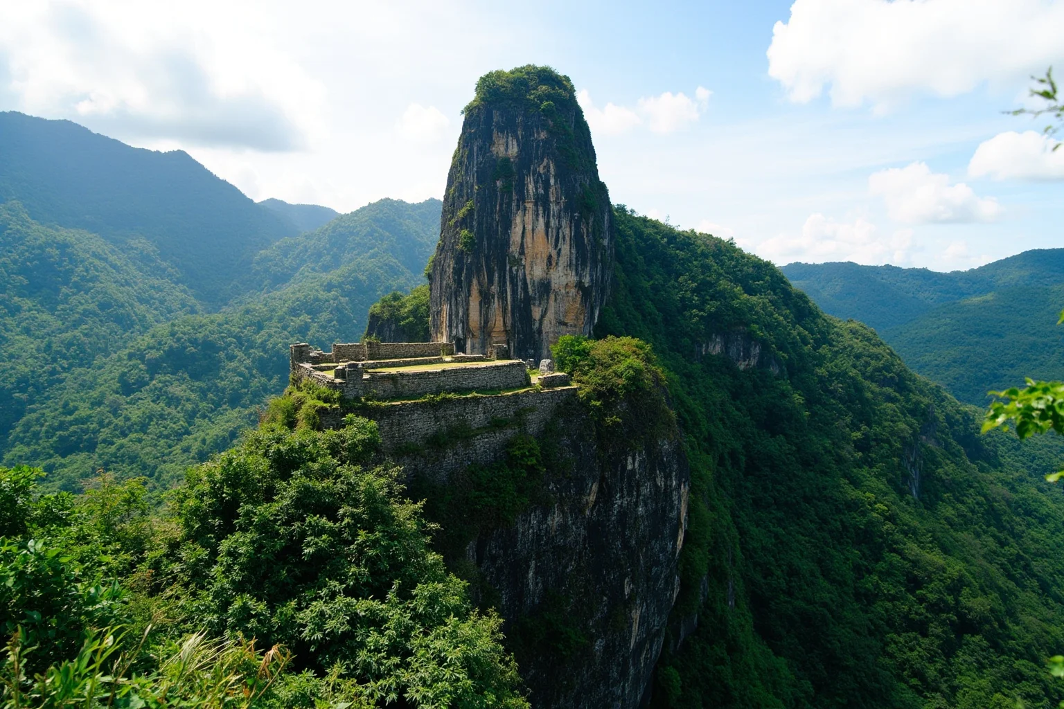 A steep rock formation rising above dense green jungle with ruins on top