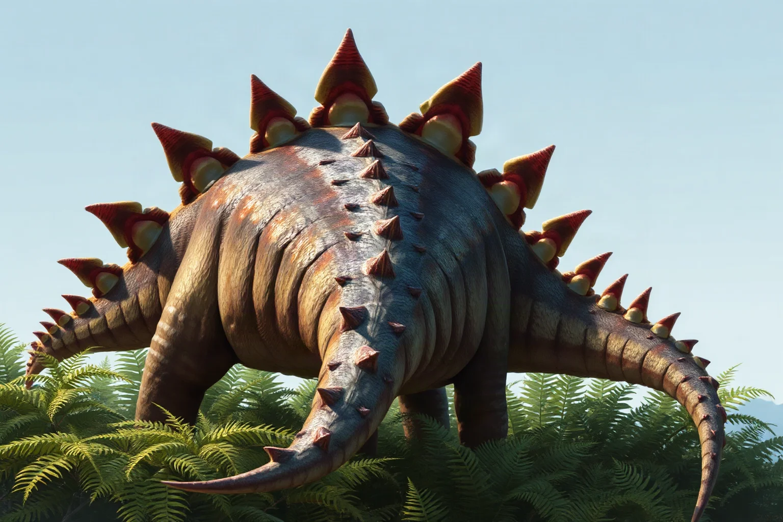 A Stegosaurus calmly browsing on ferns with its tail spikes and back plates visible, realistic paleoart style