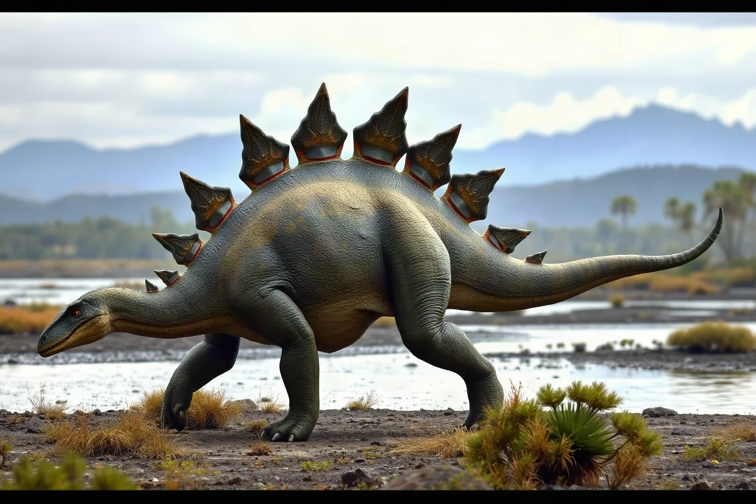 A Stegosaurus with tall back plates and a spiked tail walking across a Jurassic floodplain