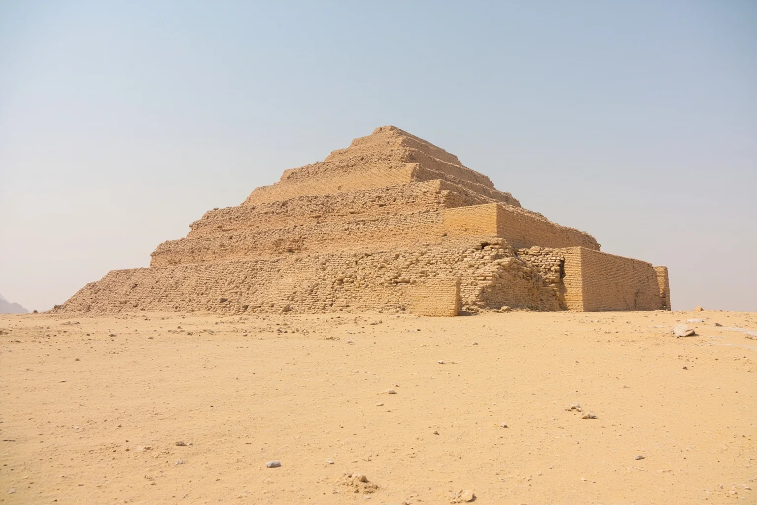 A stepped mudbrick pyramid structure rising from a flat desert landscape