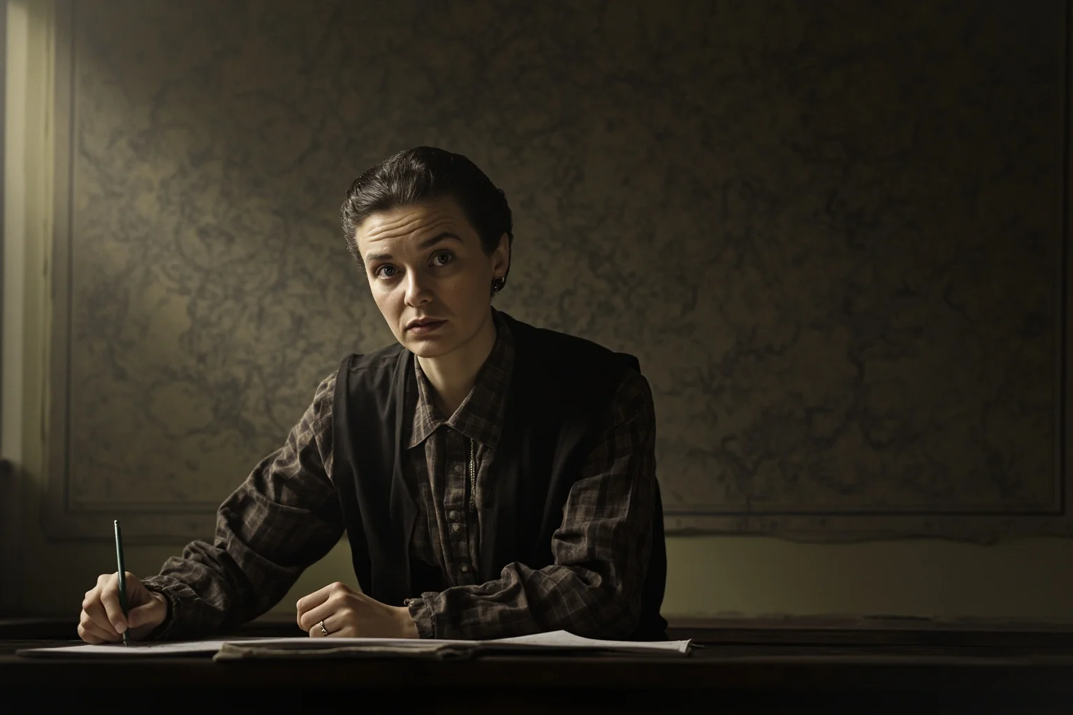 A stern early 1900s woman instructor in a dim classroom with maps on the wall, illustrated style