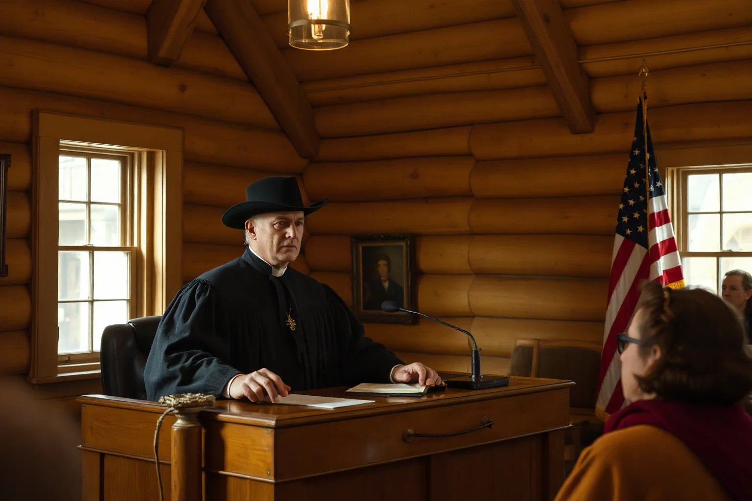 A stern frontier judge addressing a courtroom in a modest wooden building